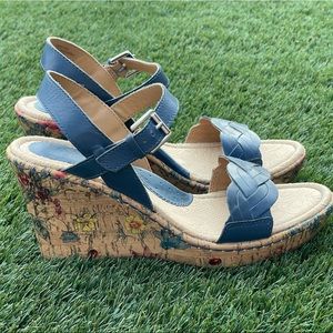 B.o.c. By Born Womens Blue Ankle Strap Sandals Wedge Heels Size 8